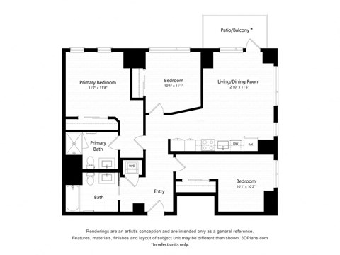 Floor plan for 3 beds, 2 baths, 1166 sqft